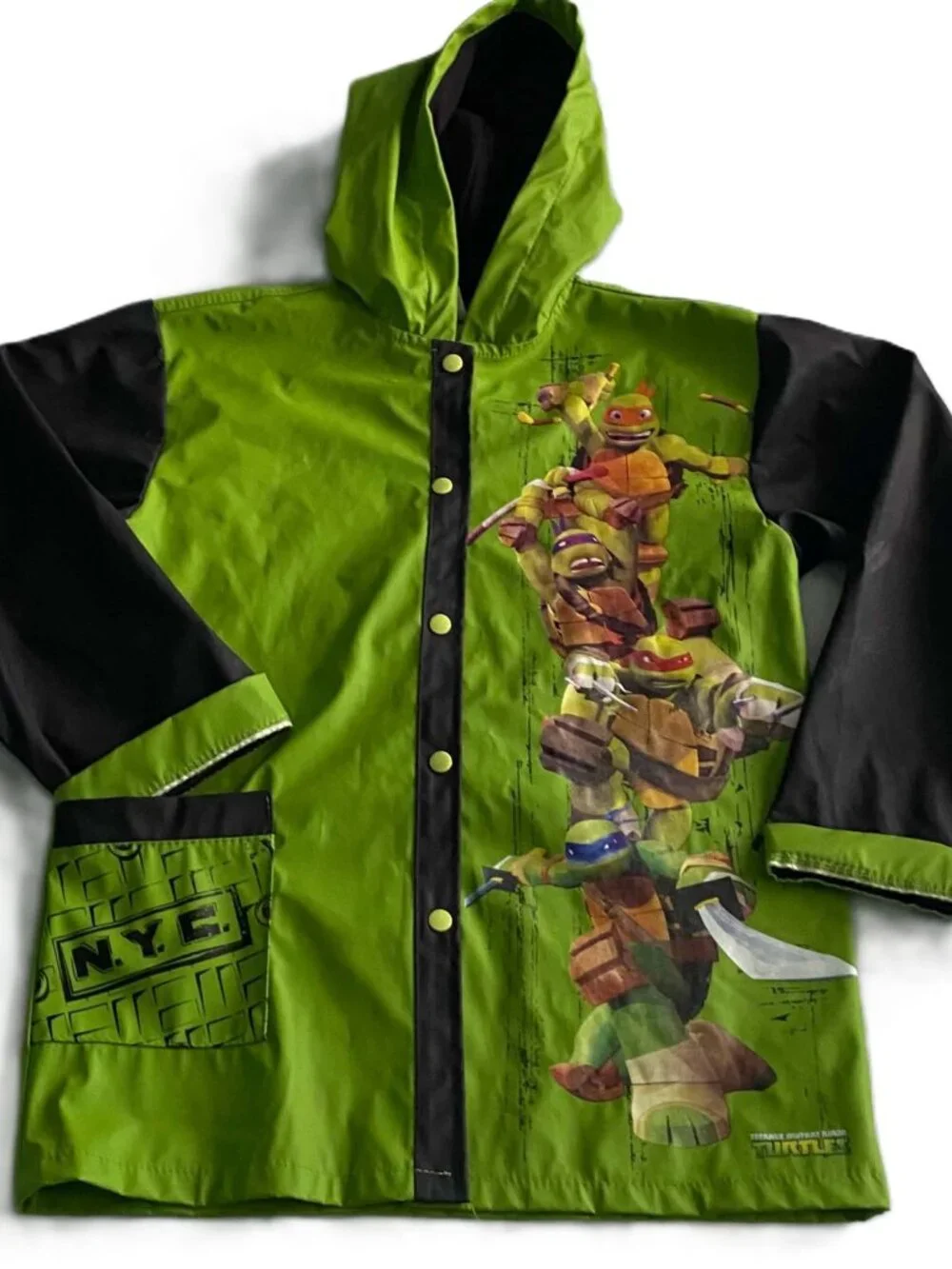 Nickelodeon TMNT Boys Raincoat Hooded Snap Front Green Rain Jacket Size M/L